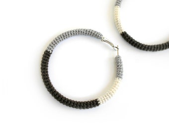 Hoop Style Crochet Tube Earrings Grey Brown Cream Simple Chic Hoops