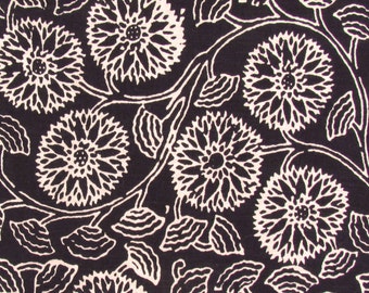hand printed cotton fabric - black and white floral print fabric - 1 yard - ctjp118