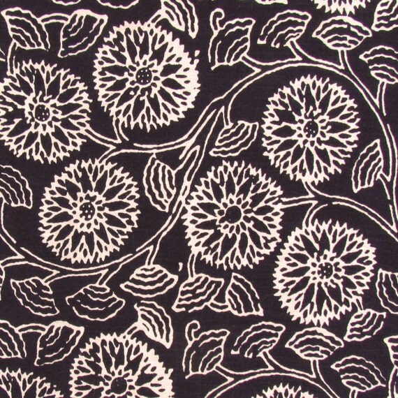 hand printed cotton fabric black and white floral by pallavik