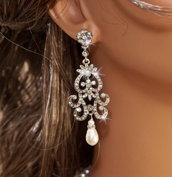 Bridal Rhinestone Pearl Earrings Chandelier by OliniBridalJewelry