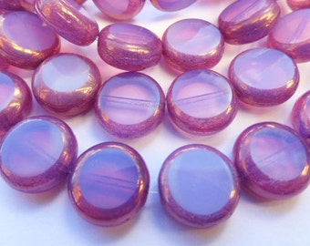 15 Czech Glass Flat Round Disc Beads in Translucent Lavender Opal with Picasso Edges Size 11mm
