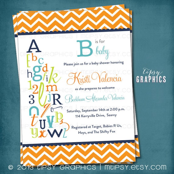 ABC Alphabet Library Baby Shower Invitation. Bring a letter. Bring a Book. Chevron Navy Orange Turquoise Blue Gray DiY Printable Invite Il_570xn