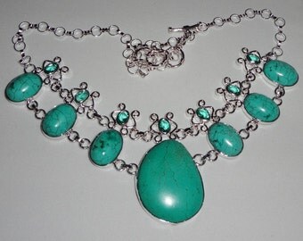 Blue Turquoise, Green Amethyst gemstones, SOLID Sterling Silver Necklace, solid .925 Sterling Silver, 20" adjustable