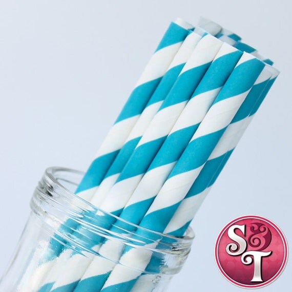 Stripe Aqua Party Paper Straws - Cake Pop Sticks - Pixie Sticks - Qty 25 Il_570xn