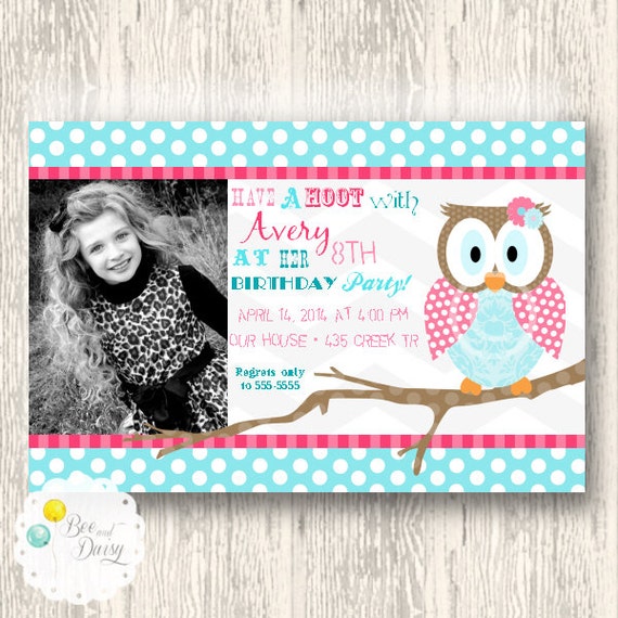 Girls Owl Invitation for Birthday Party or Baby Shower - Bright Pink and Aqua DIY Printable Invite by BeeAndDaisy Il_570xn