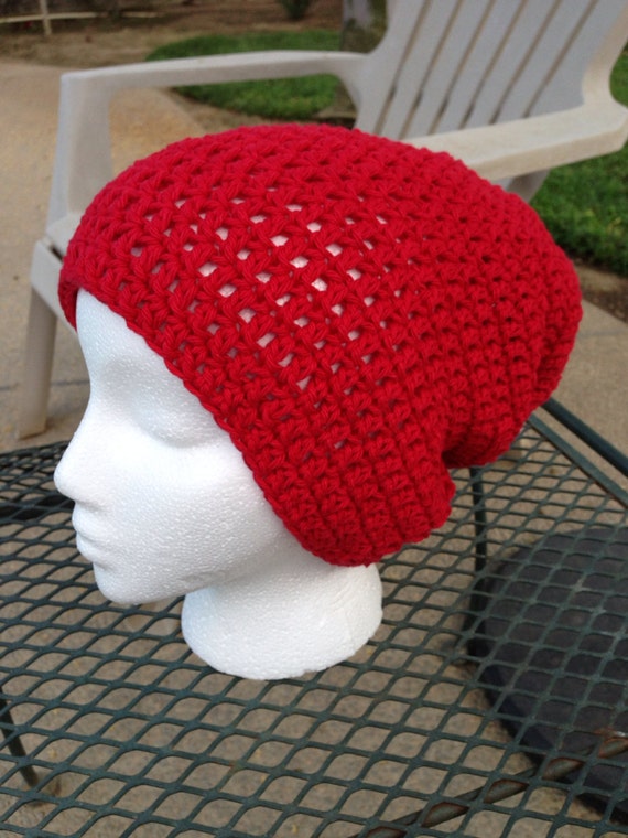 Crochet Slouch -  Beanie - Slacker - Ready to ship -  cotton - Red