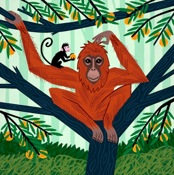 The Orangutan in The Orange Trees - Children's Animal Art - Nursery art - Nursery Decor - limited edition poster art print by Oliver Lake