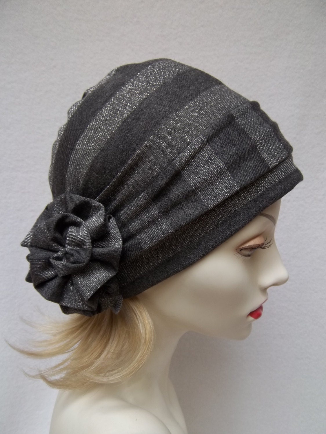 Chemo Hat Slouch Hat Gray Silver Metallic Stripe Rayon Knit w