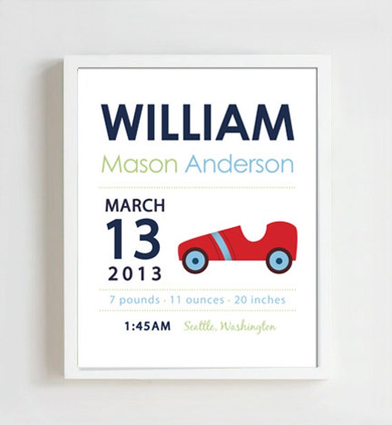 8 x 10 - Custom Birth Announcement Print - vintage race car Il_570xn