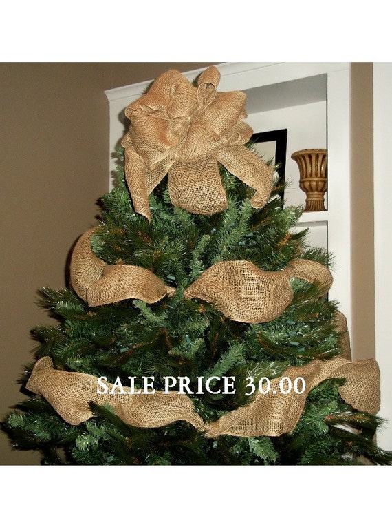 Burlap Christmas Tree Topper Bow with Garland Ribbon Ready to