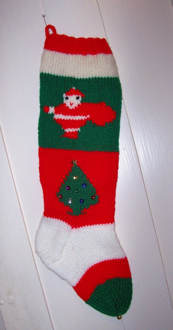 Hand Knit Christmas Stocking Old Pattern Santas and Trees