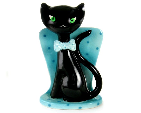 Vintage 1950s Black Cat Planter, Black Cat with Turquoise Blue Details / Bow Tie and Polka Dots / Made in Japan
