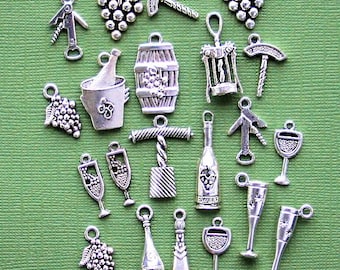 Deluxe Wine Charm Collection Antique Silver Tone 21 Charms - COL262
