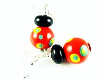 Lampwork Earrings, Glass Bead Earring, Red Dangle Earrings, Black Colorful Earrings, Beaded Earrings, Lampwork Jewelry, Beadwork Earrings