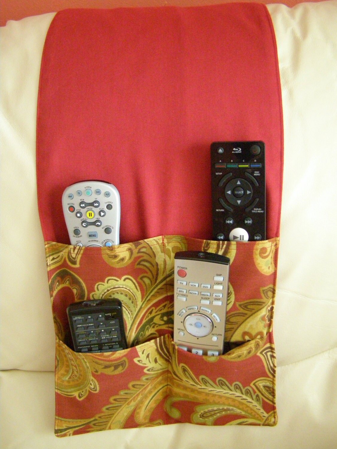 TV Remote Control Caddy Organizer 4 pocket Burgundy Paisley