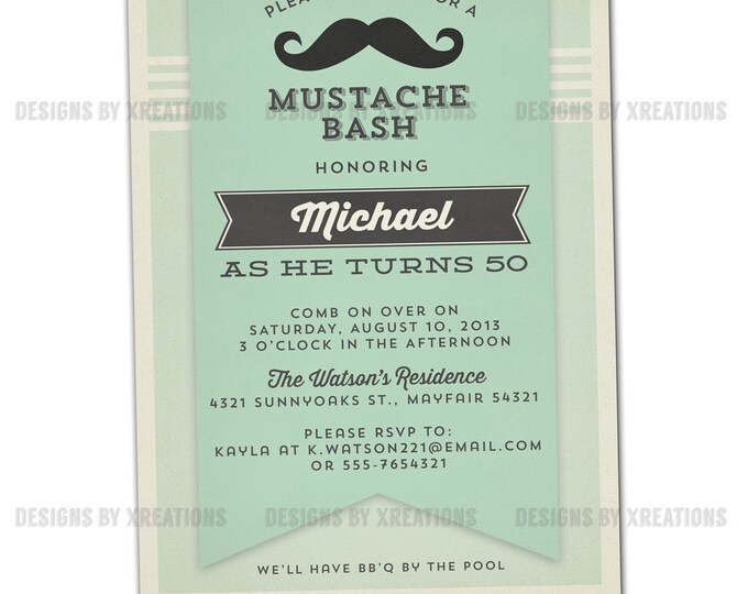 Mustache Bash, Hipster Theme Party Invitation v.3 - Customizable Wordings - Printable Invitation