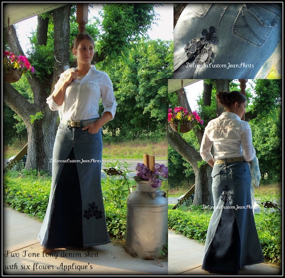 DELAROSA Custom Order two tone Long jean skirt with added