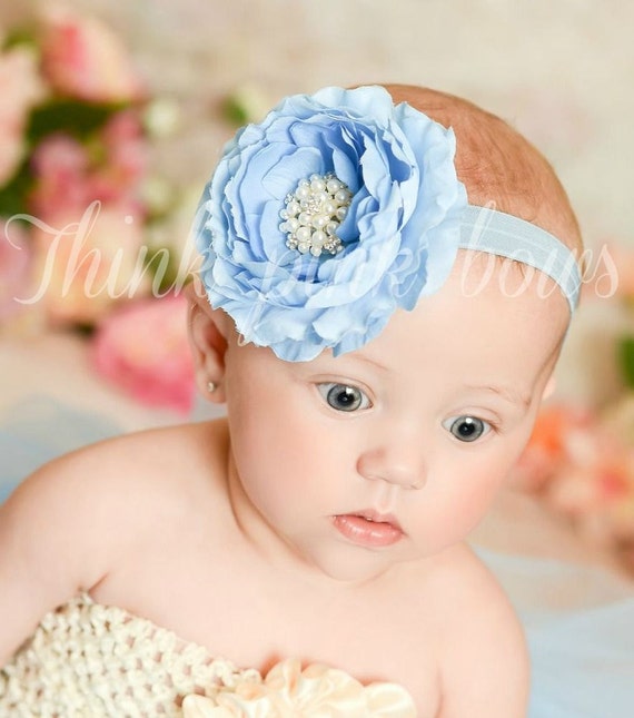 Blue Baby Headband,Baby girl headband,baby headbands,girl headband,newborn flower headband,Christening Headband,Baptism Headband,Hair bows. by ThinkPinkBows