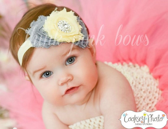 Baby headband,Newborn Headband, Baby girl Headband,Shabby chic Headband, Baby Headbands, yellow grey baby Headband,Shabby Chic Headband. by ThinkPinkBows