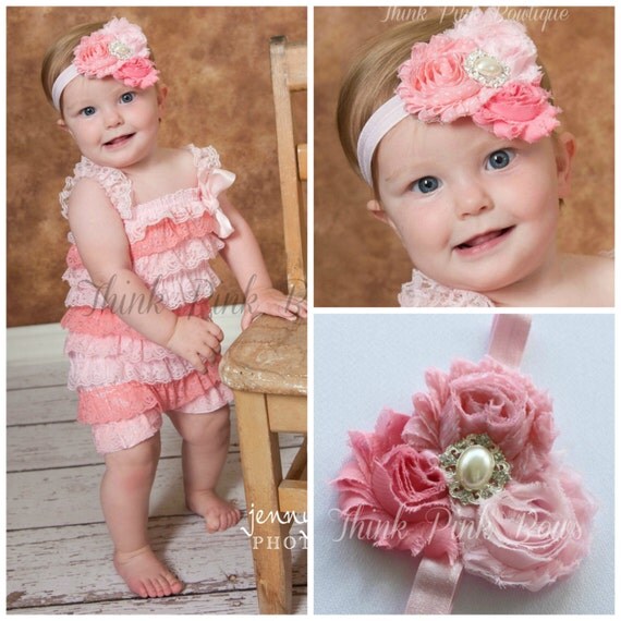 Petti lace romper and headband SET, petti romper,baby headband, flower headband, shabby chic headband headband and lace petti romper. by ThinkPinkBows