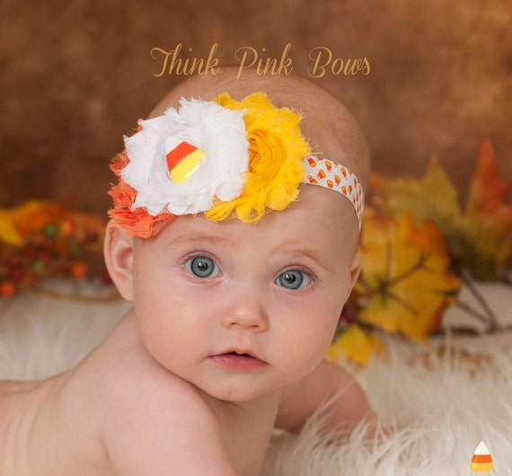 Halloween baby headband, baby headband,fall headband, baby girl headband in orange yellow and white,baby bows by ThinkPinkBows