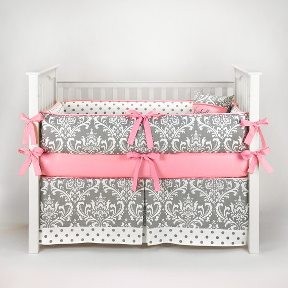 Custom Made Damask Polkadot Gray & Bubblegum Crib by SofiaBedding