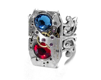 Steampunk Jewelry Ring Vintage ART DECo Watch Movement SOLDERED Blue Red Crystals Wedding Anniversary BEAUTY - Jewelry by Steampunk Boutique