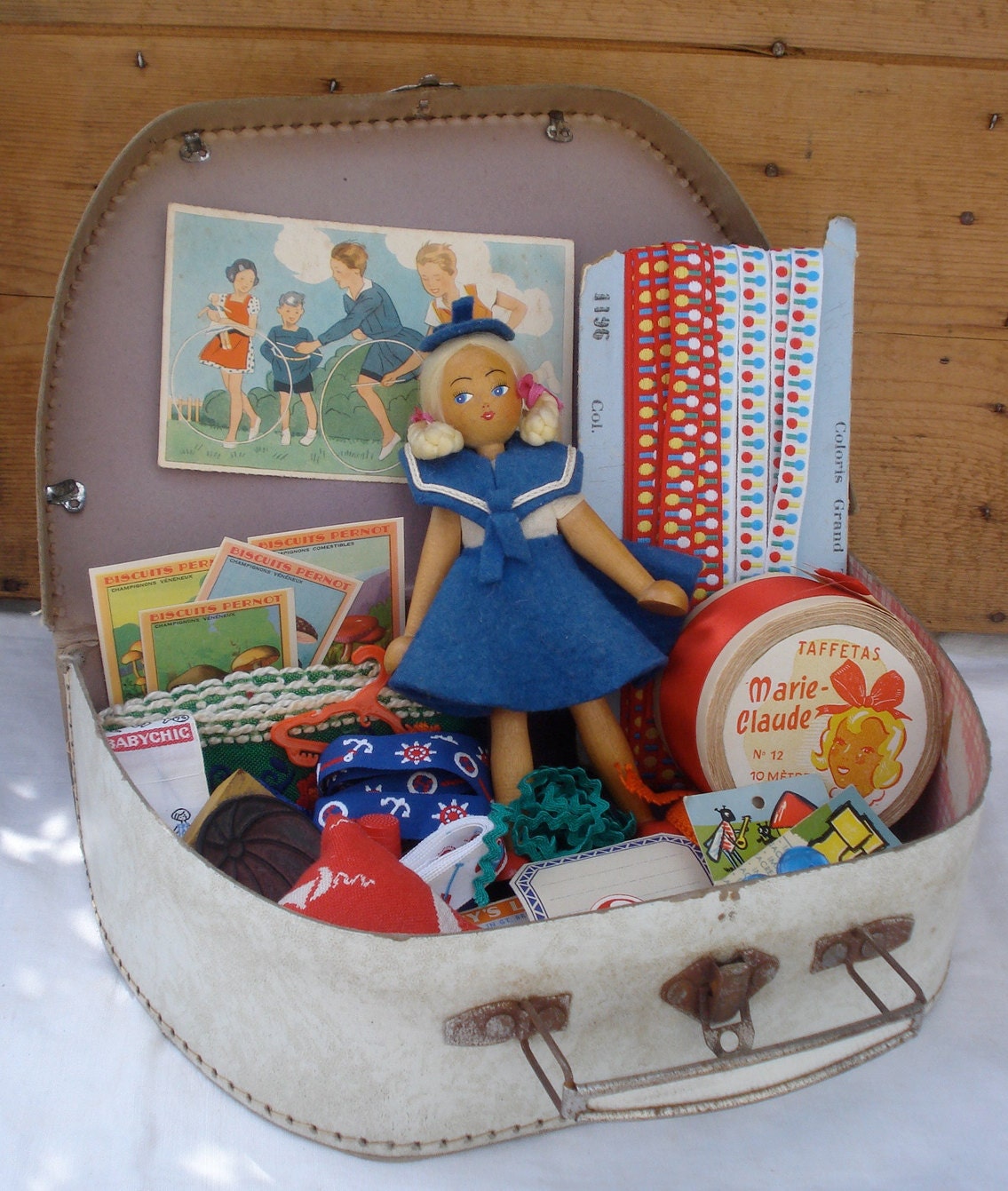 Vintage french cardboard small suitcase children's toy