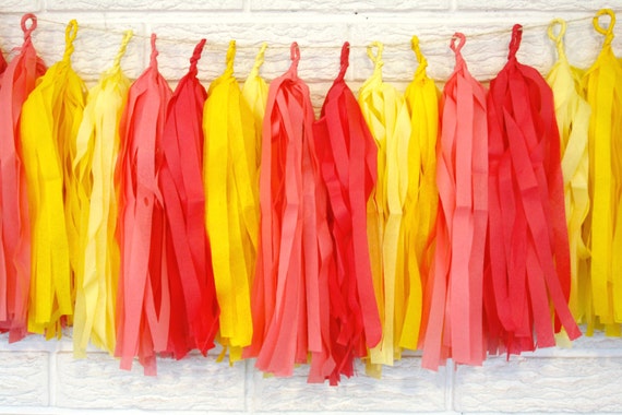 tissue fringe tassle garland ... Tropical Sunset .... tassle banner // wedding decor // pink coral yellow ombre //party decorations Il_570xn