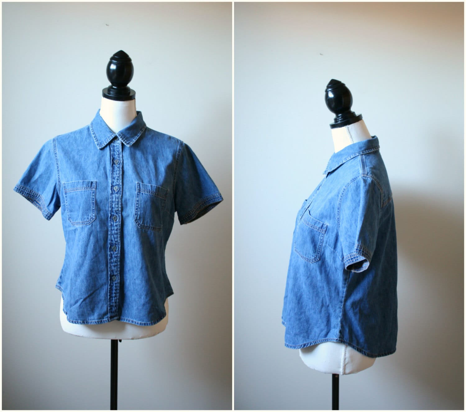 1990s Denim Button Down - Womens Vintage Pointed Collar cropped jean top - US M L