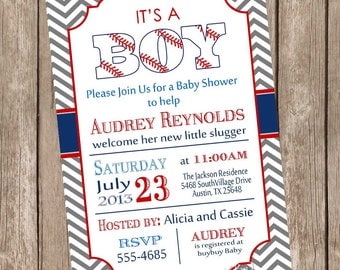 Vintage Style Chevron it's a boy baseball baby shower invitation, red, blue, grey, baseball, printable invitation baseball1