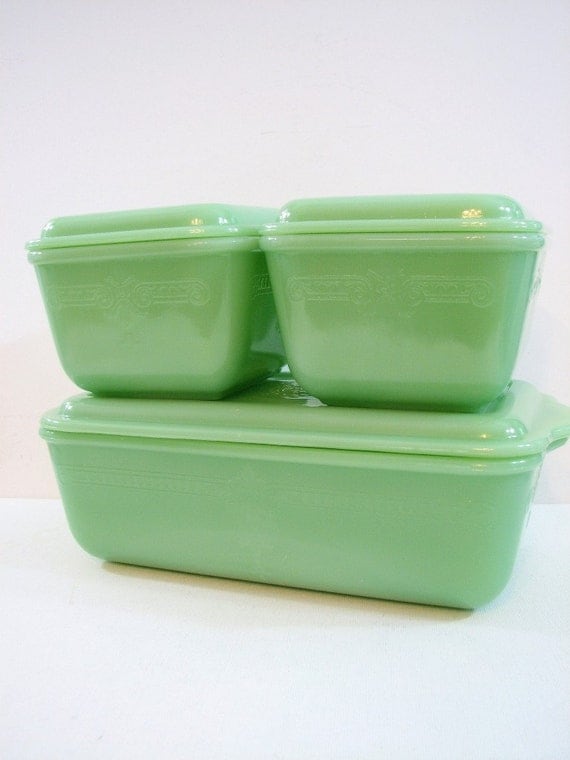 Fire King PHILBE Embossed Jadeite Refrigerator Dish Set, Jadite Green ... Fridge Box Set, Complete Set of 3, Antique