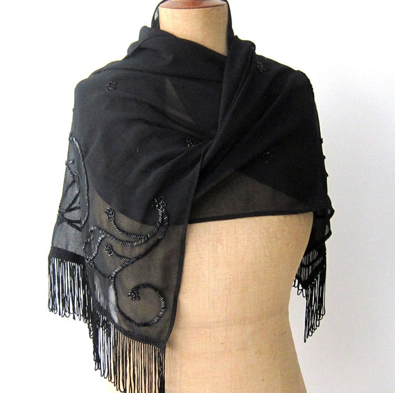 Vintage luxurious fine beaded black chiffon shawl wrap