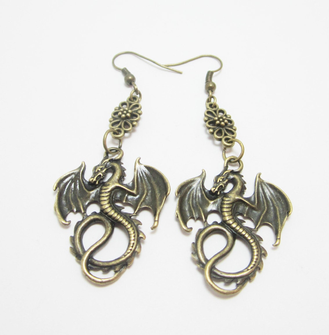 Fantasy Dragon Earrings Bronze Charms Filigree Connector Goth