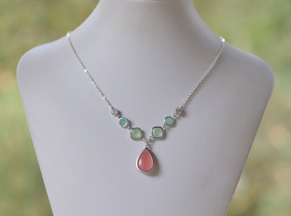 Unique Jewel Pendant Statement Necklace with Shades of Coral Pink, Mint and Aqua. Unique Fashion Necklace. Silver Jewel Necklace.