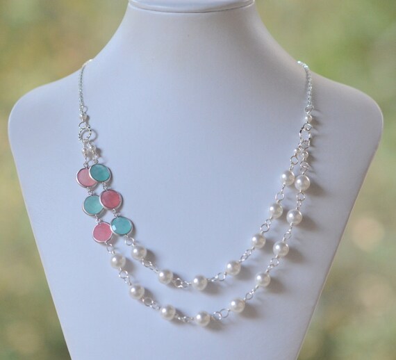 Double Strand Statement Necklace Coral Pink and Mint Ice