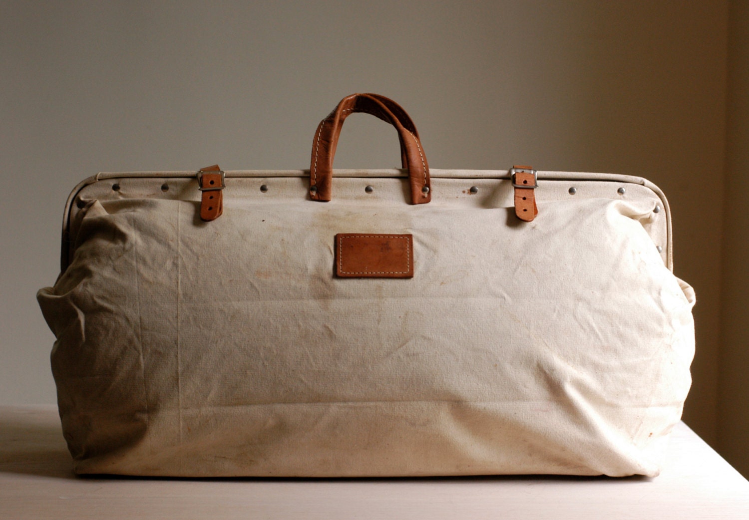 Vintage White Canvas and Leather Tote Vintage Tool Bag
