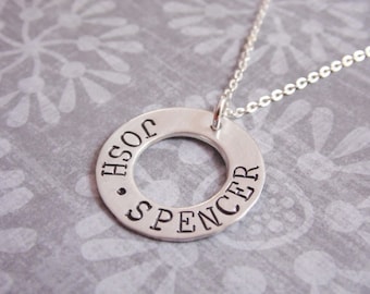 Sterling Silver Circle Washer Necklace with Kids Names Hand Stamped