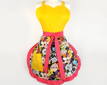 Yellow Sweetheart Sugar Skulls Day of the Dead Apron