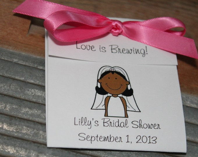 African American Bride Cartoon Personalized Tea Bag Favors Cute Wedding Shower or Bridal Shower Party Favors Black or Brown AA SALE