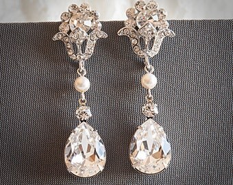 Swarovski Crystal and Pearl Bridal Earrings, Wedding Earrings, Teardrop Chandelier Dangle Earrings, Vintage Style Bridal Jewelry, VOLETA