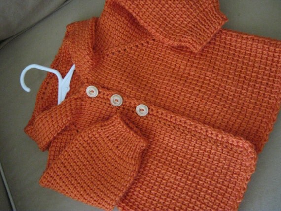 Orange Tangerine Sweater with Hood - MADE TO ORDER - 6-12 Months in Tunisian Crochet - Handmade - Fall - Halloween