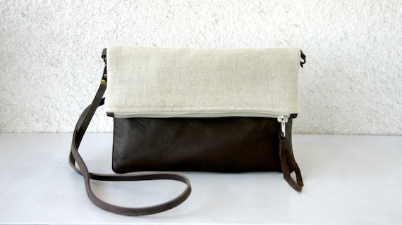 Foldover leather bottom every day bag Colorblock Purse leather and linen