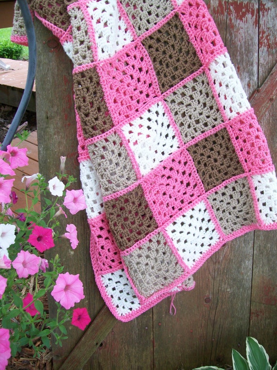 Crocheted Pink and Brown Plaid baby blanket by meemeesquilts
