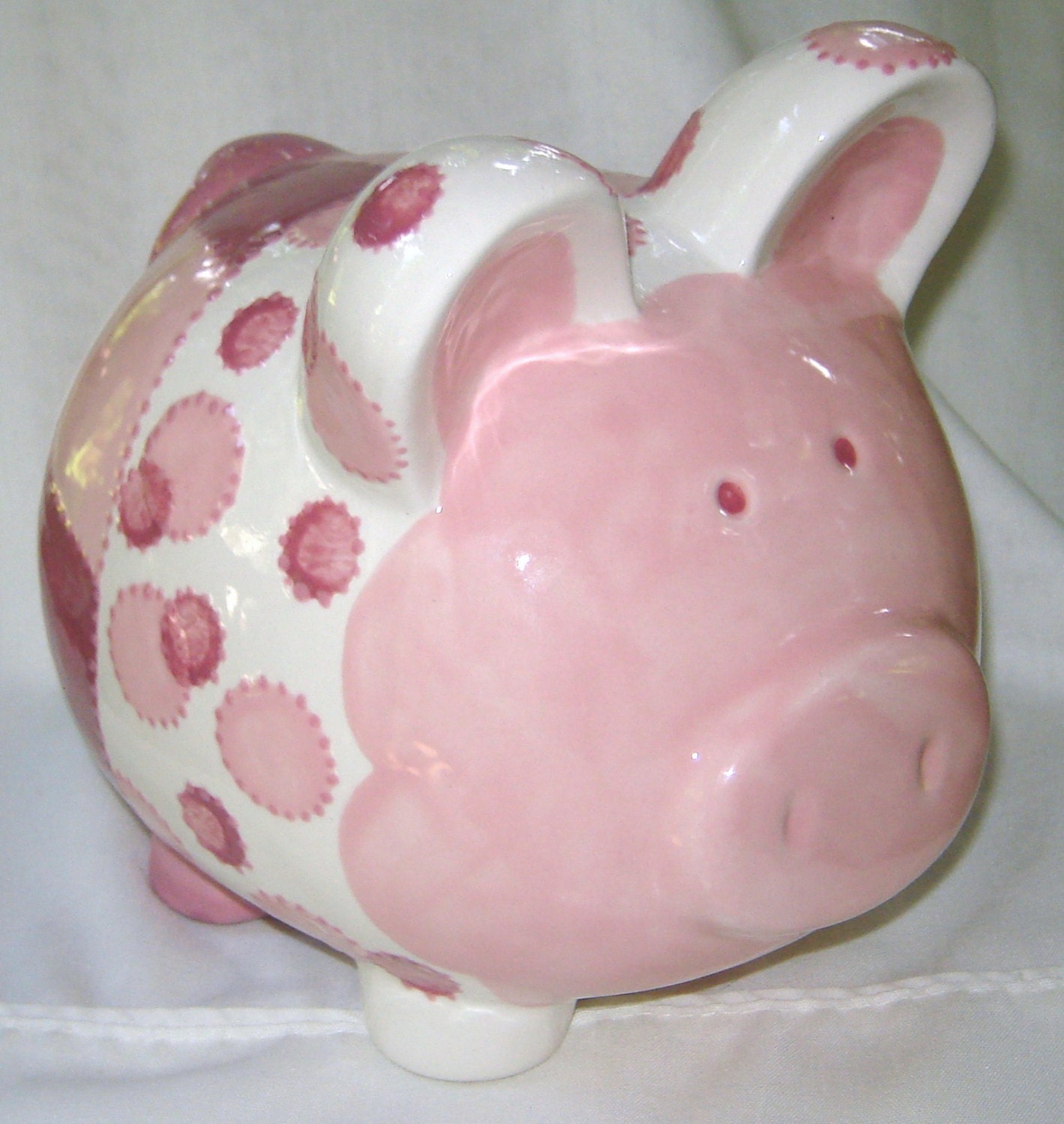 Ceramic Piggy Bank Hand Painted Pink Dots by VickyLynnDesigns