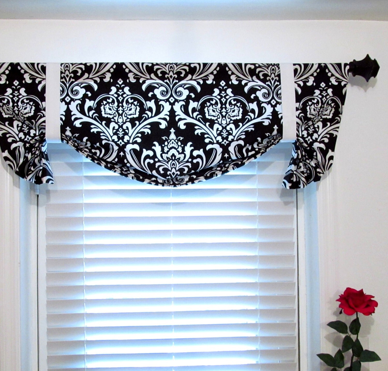 Tie Up Lined Valance Black and White Damask/ Custom Sizing
