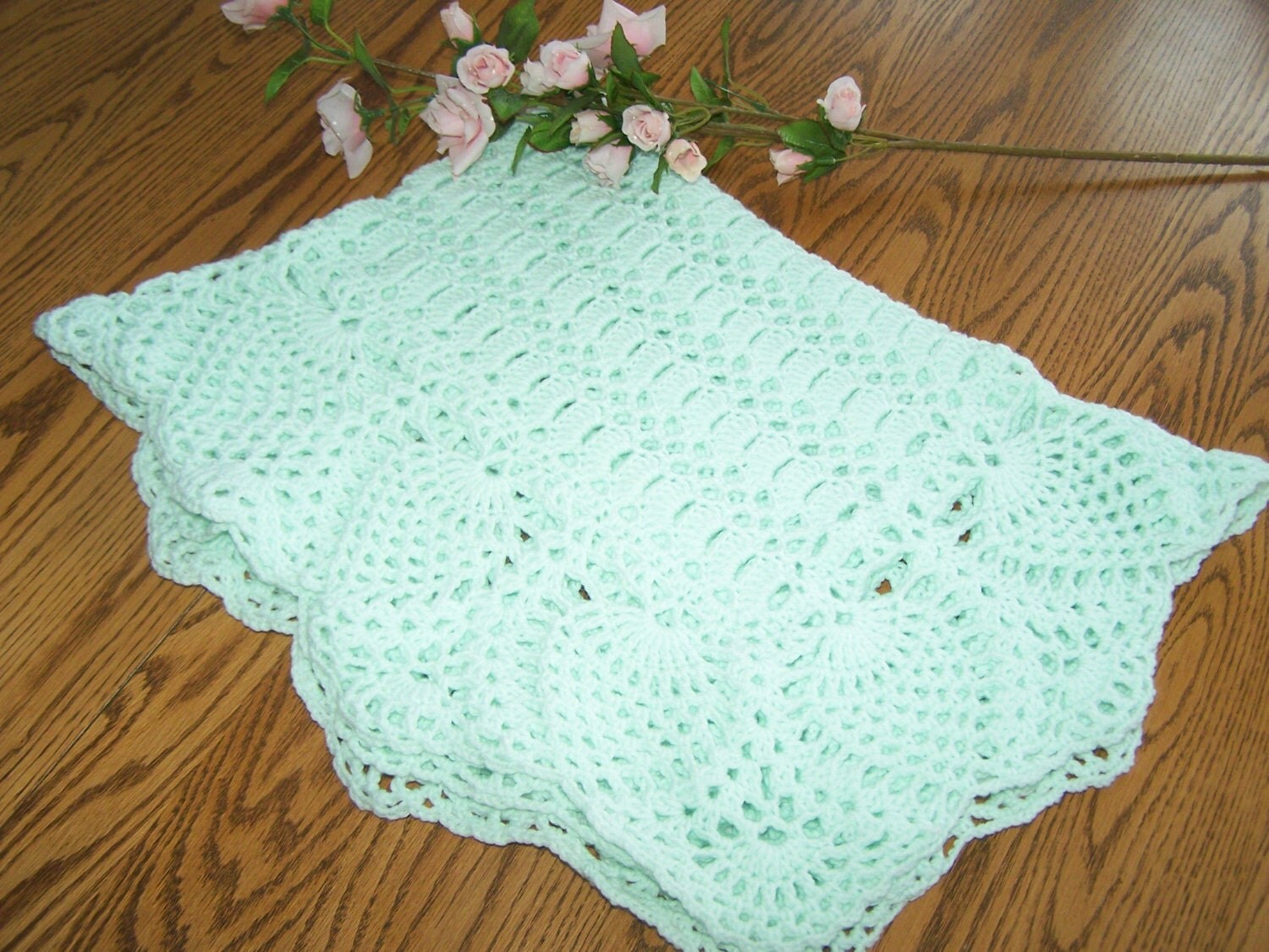SALENew Crocheted Pineapple Edged Baby AFghan in Mint