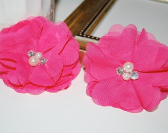 Chiffon Flowers - Hot Pink Fushia with rhinestones pearl centers - (4 pcs) Whitney shabby chiffon flowers 2.75"