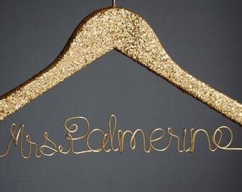 Personalized Gold Glitter Hanger, Lingerie Shower Decoration, Glitter Wedding Dress Hanger, Gift Under 50, Bridal Wire Hanger, Mrs Hanger
