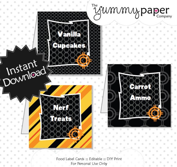 Editable Blaster Party Food Labels - Nerf War Inspired Party - Instant Download PDF Template - Editable PDF .. nw01 Il_570xn